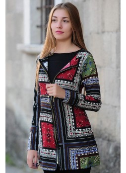 Parçalı Desenli Fermuarlı Uzun Ceket