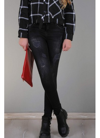 Parçalı Desenli Siyah Kot Pantolon