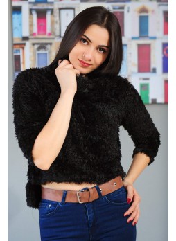 Peluş Balıkçı Yaka Bluz Siyah