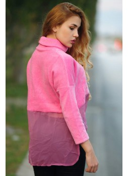 Peluş Tül Detay Bluz Fuşya