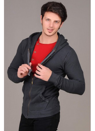 Petek Doku Antrasit Kapşonlu Ceket