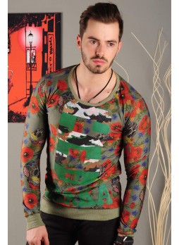 Renkli Baskılı Haki Sweat