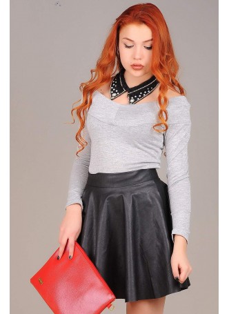 Simli Kayık Yaka Gri Bluz