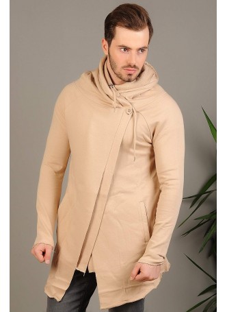 Tek Düğme Kapşonlu Hırka Krem
