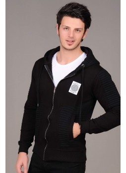 Tırtıklı Desenli Kapşonlu Siyah Ceket