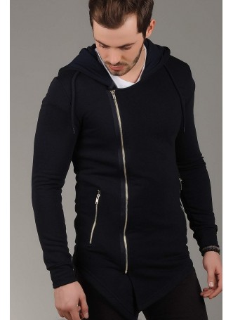 Yan Fermuarlı Kapşonlu Lacivert Ceket