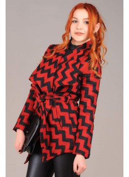 Zigzag Desen Kırmızı Şal Yaka Kaşe Mont