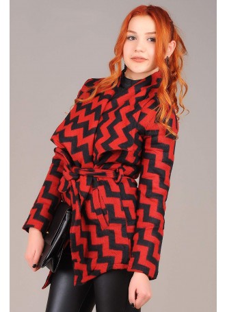 Zigzag Desen Kırmızı Şal Yaka Kaşe Mont