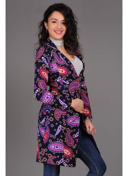 Renkli Desenli Tek Düğme Uzun Ceket