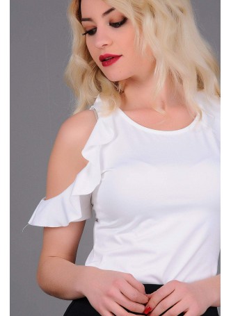 Omuz Açık Fırfırlı Beyaz Bluz