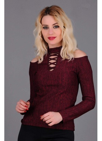 Omuz Açık Bağcık Yaka Bordo Bluz