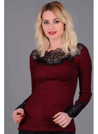 Yaka Siyah Küpürlü Bordo Bluz
