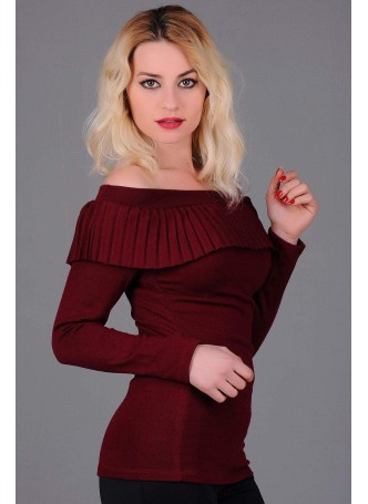 Fırfırlı Kayık Yaka Bordo Bluz