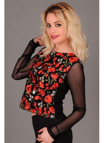 Çiçek İşlemeli Kollar Tül Siyah Bluz