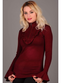 Fırfırlı Fermuarlı Yaka Bordo Bluz