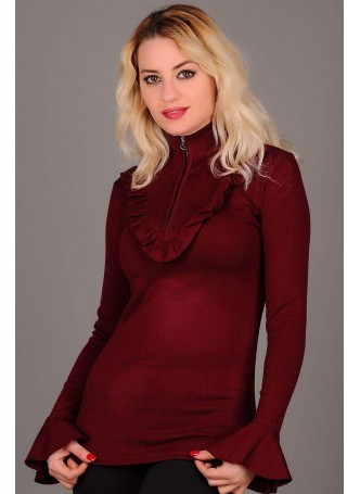 Fırfırlı Fermuarlı Yaka Bordo Bluz