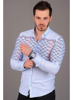 Lacivert Desenli Açık Mavi Gömlek