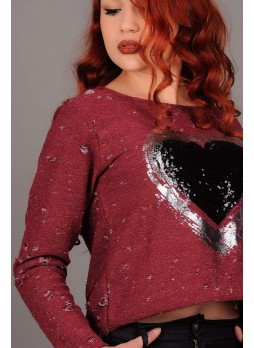 Pullu Kalp Desenli Bordo Sweat