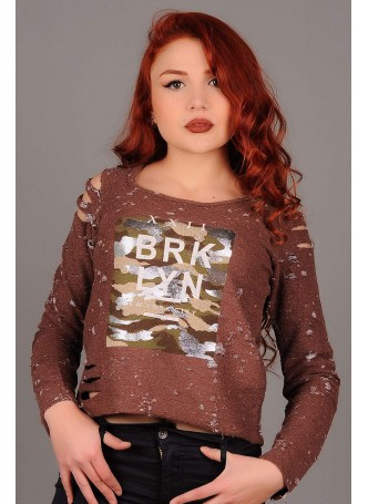 Omuz Kesik Baskılı Kahve Sweat