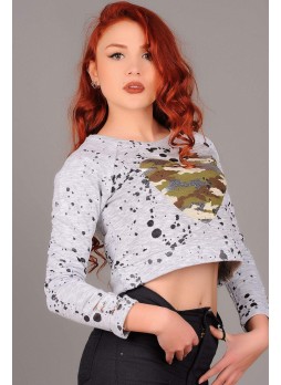Kalp Baskılı Gri Sweat