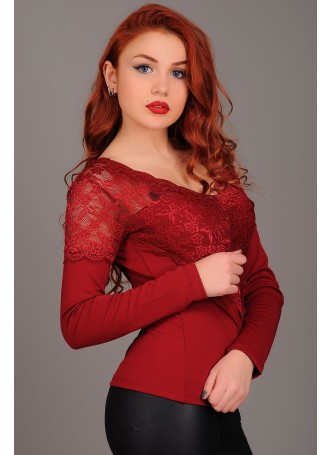 Dantel Küpürlü V Yaka Bordo Bluz