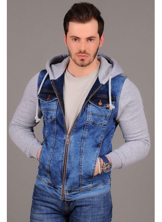 Gri Polar Kol Kapşonlu Fermuarlı Kot Ceket