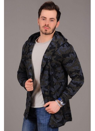 Haki Mavi Kapşonlu Kamuflaj Hırka