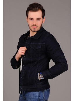 Koyu Lacivert Kırçıllı Kot Ceket