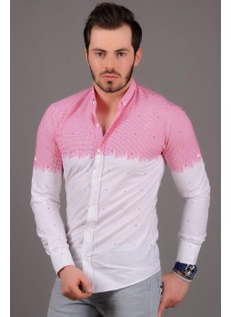 Benekli Desenli Pembe Beyaz Gömlek
