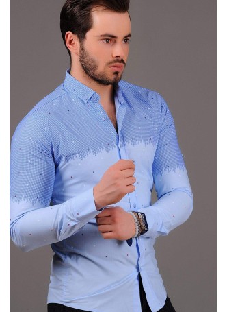 Benekli Desenli Mavi Beyaz Gömlek