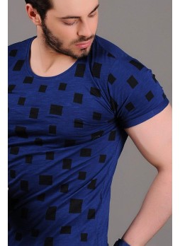 Kare Desenli Mavi T-shirt