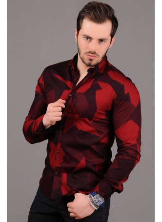 Geometrik Desenli Bordo Gömlek