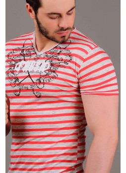 Çizgili Göğsü Desenli Turuncu Gri T-shirt