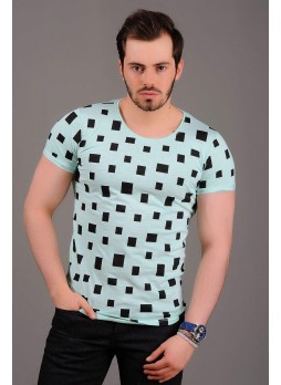 Kare Desenli Nil Yeşili T-Shirt