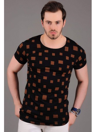 Kare Desenli Siyah T-shirt