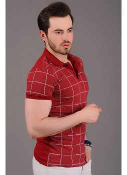 Polo Yaka Beyaz Kareli Kırmızı T-Shirt