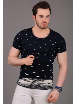 Yarasa Desenli Lacivert T-Shirt