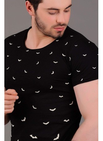 Yarasa Desenli Siyah T-Shirt