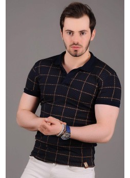Polo Yaka Sarı Kareli Lacivert T-Shirt