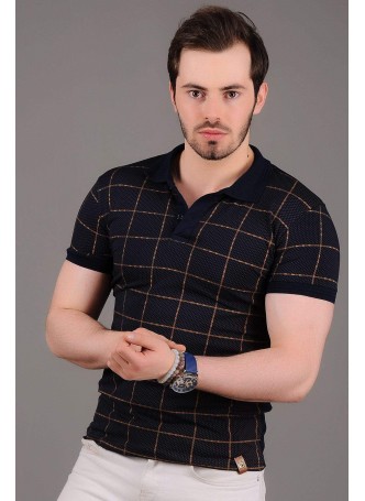 Polo Yaka Sarı Kareli Lacivert T-Shirt