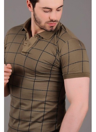 Polo Yaka Lacivert Kareli Haki T-Shirt