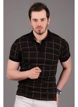 Polo Yaka Sarı Karali Siyah T-Shirt
