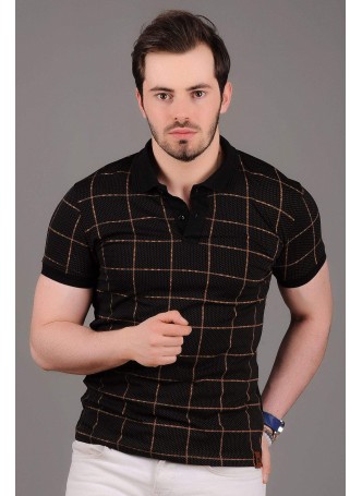Polo Yaka Sarı Karali Siyah T-Shirt