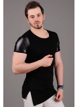 Omuz Deri Detay Siyah T-Shirt