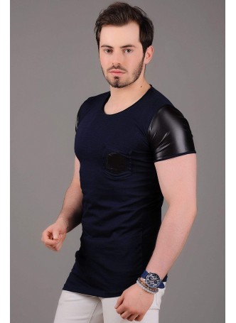 Omuz Deri Detay Lacivert T-Shirt