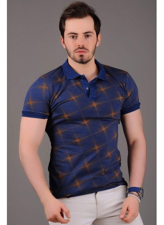 Turuncu Yıldız Desenli Mavi T-Shirt