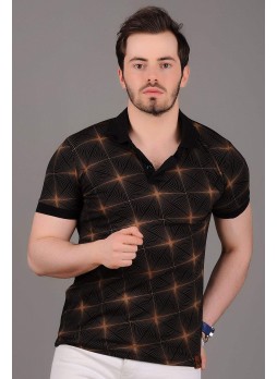 Turuncu Yıldız Desenli Siyah T-Shirt