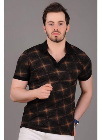 Turuncu Yıldız Desenli Siyah T-Shirt