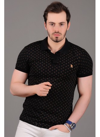 Damla Desenli Polo Yaka Siyah T-Shirt