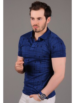 Çizgili Desenli Polo Yaka Mavi T-Shirt